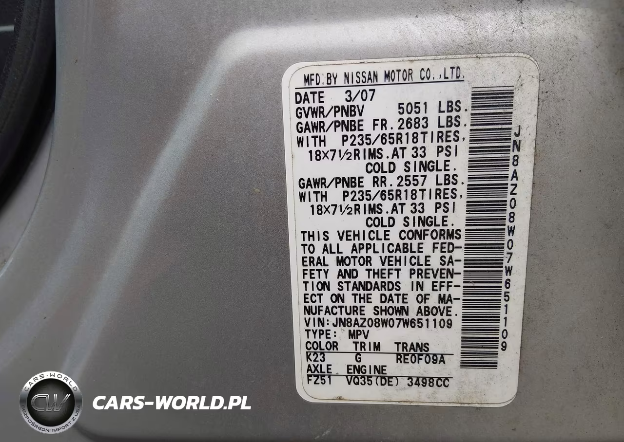 2007 Nissan Murano Sl VIN:JN8AZ08W07W651109 - 9