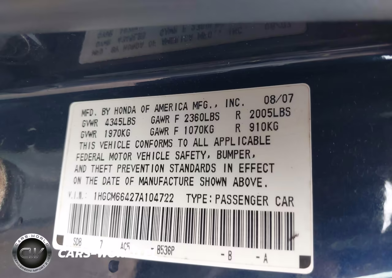 2007 Honda Accord 3.0 Se VIN:1HGCM66427A104722 - 9