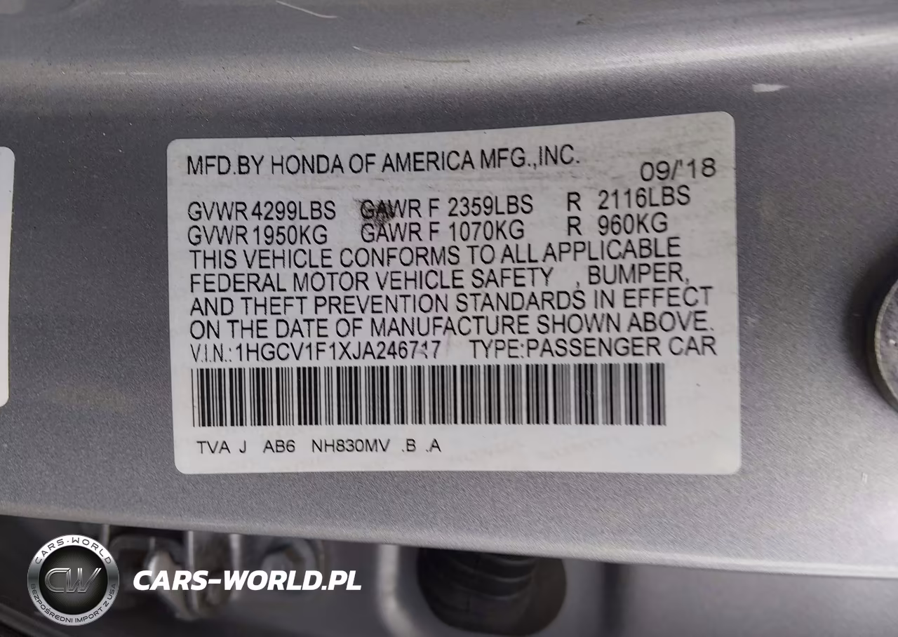 2018 Honda Accord Lx VIN:1HGCV1F1XJA246717 - 9