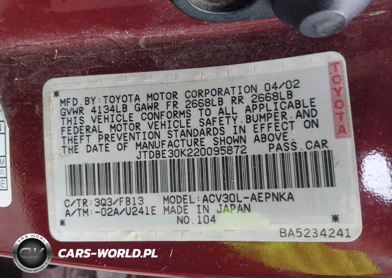 2002 Toyota Camry Le VIN:JTDBE30K220095872 - 9