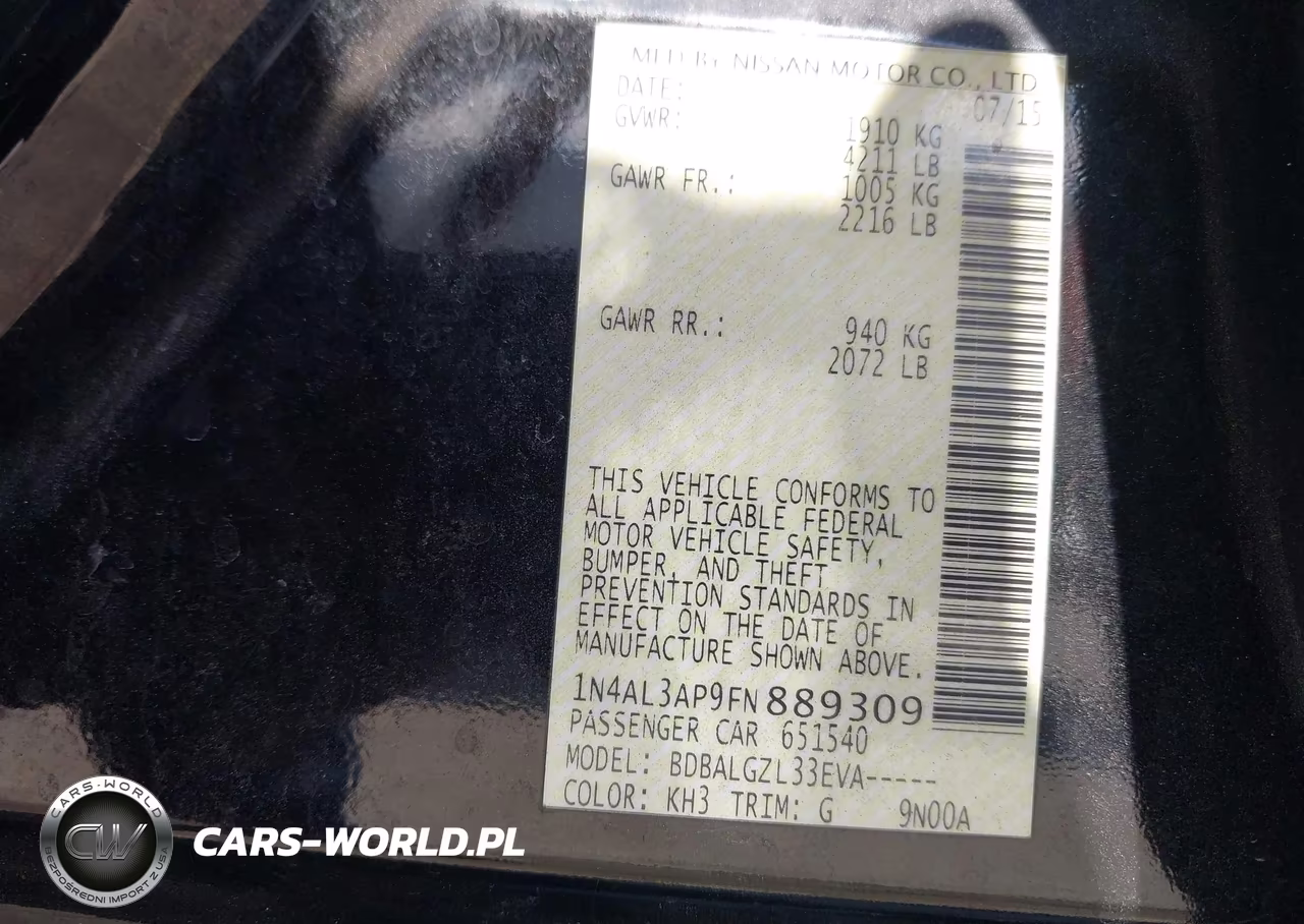 2015 Nissan Altima 2.5-2.5 S-2.5 Sl-2.5 Sv VIN:1N4AL3AP9FN889309 - 9