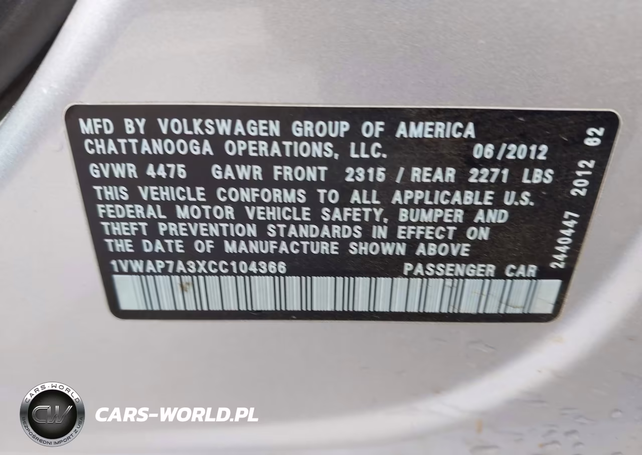 2012 Volkswagen Passat 2.5L S VIN:1VWAP7A3XCC104366 - 9