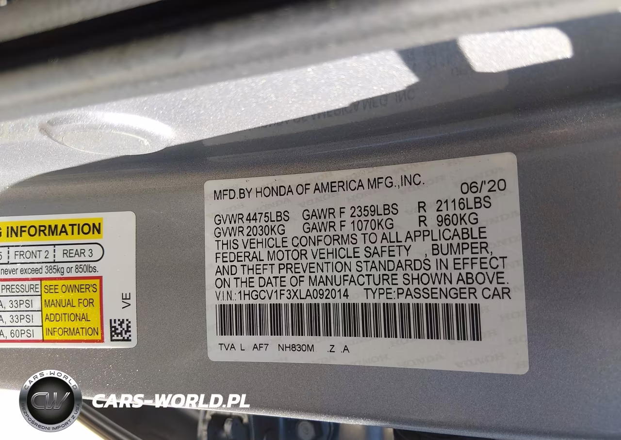 2020 Honda Accord Sport VIN:1HGCV1F3XLA092014 - 9