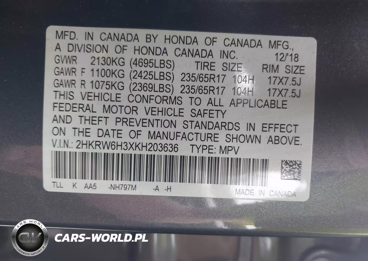 2019 Honda Cr-V Lx VIN:2HKRW6H3XKH203636 - 9