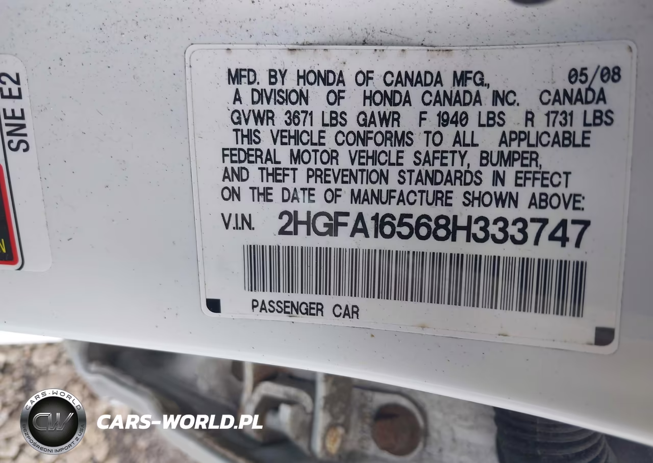 2008 Honda Civic Lx VIN:2HGFA16568H333747 - 9