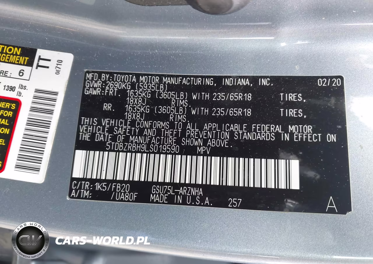 2020 Toyota Highlander Le VIN:5TDBZRBH9LS019590 - 9