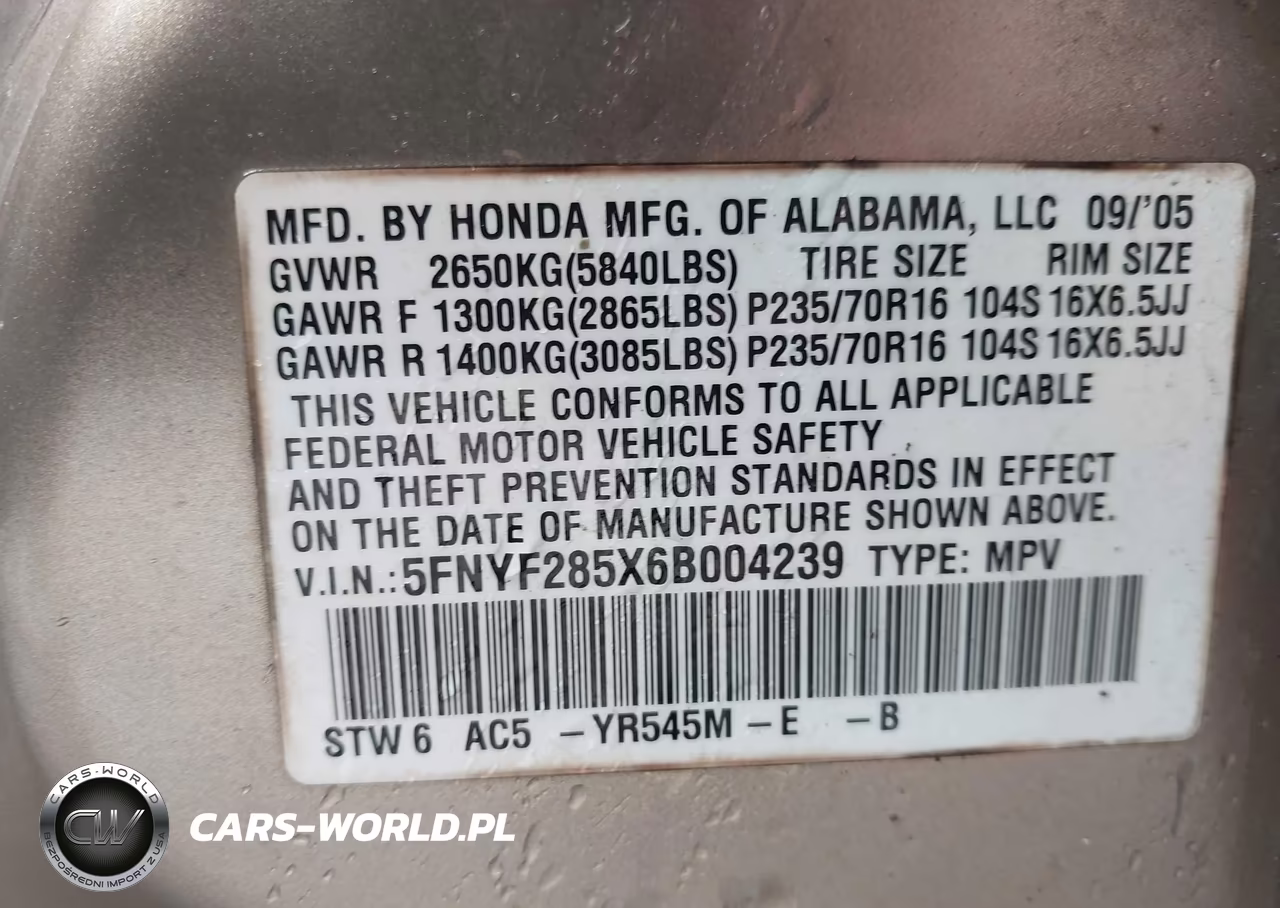 2006 Honda Pilot Ex-L VIN:5FNYF285X6B004239 - 9