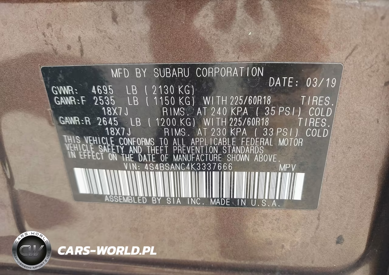 2019 Subaru Outback 2.5I Limited VIN:4S4BSANC4K3337666 - 9