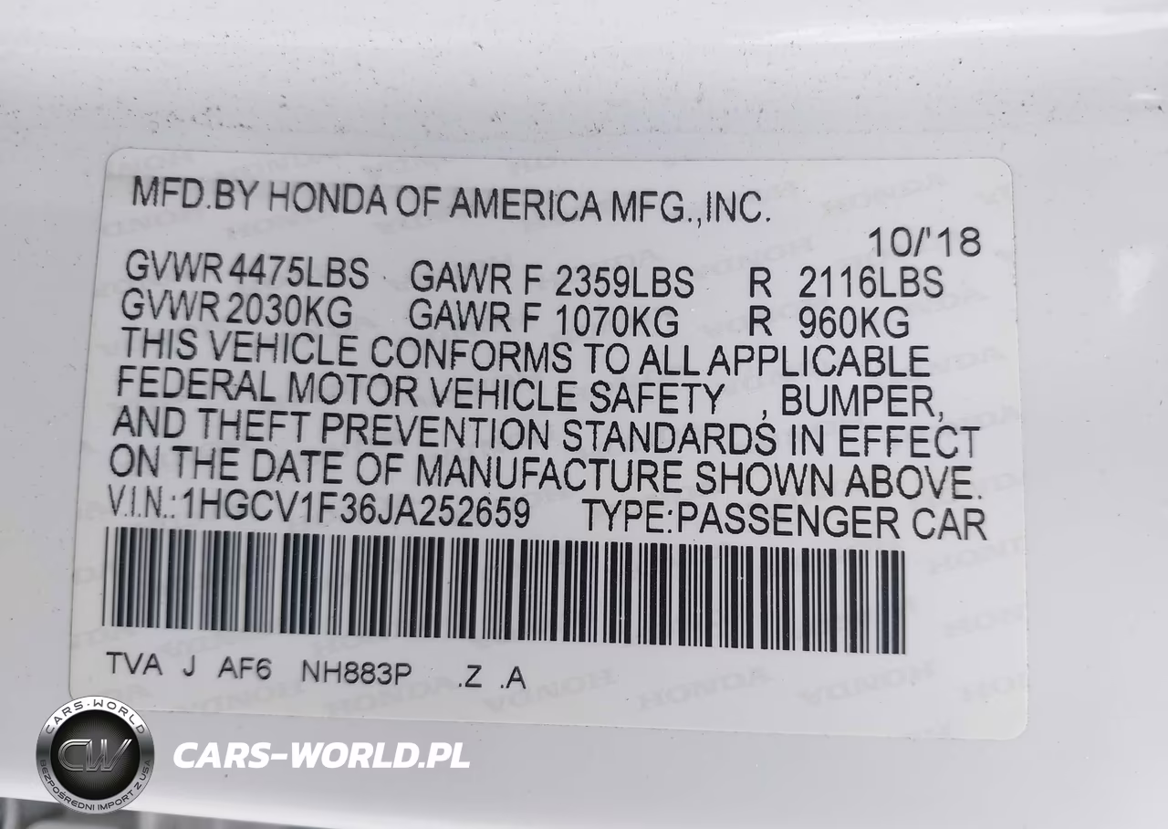 2018 Honda Accord Sport VIN:1HGCV1F36JA252659 - 9