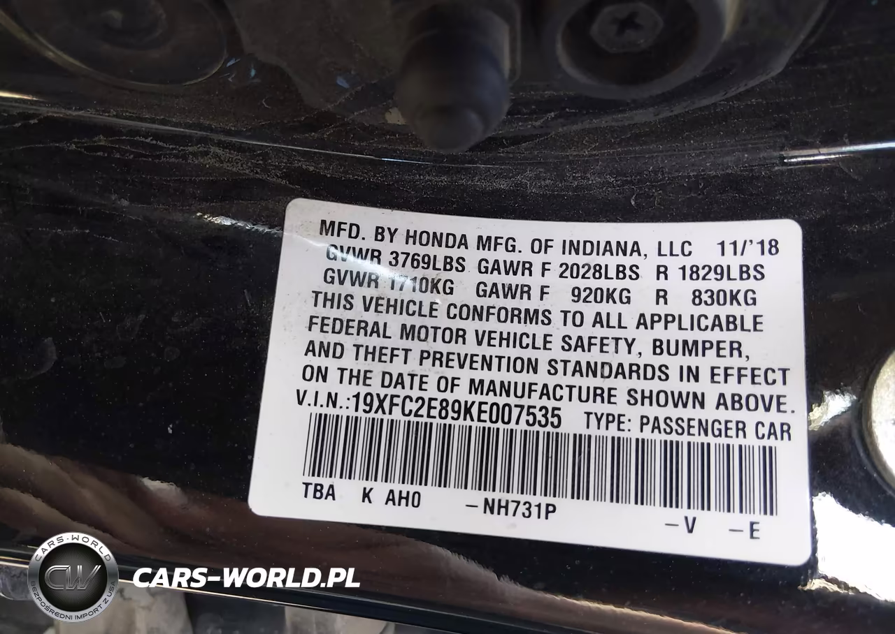 2019 Honda Civic Sport VIN:19XFC2E89KE007535 - 9