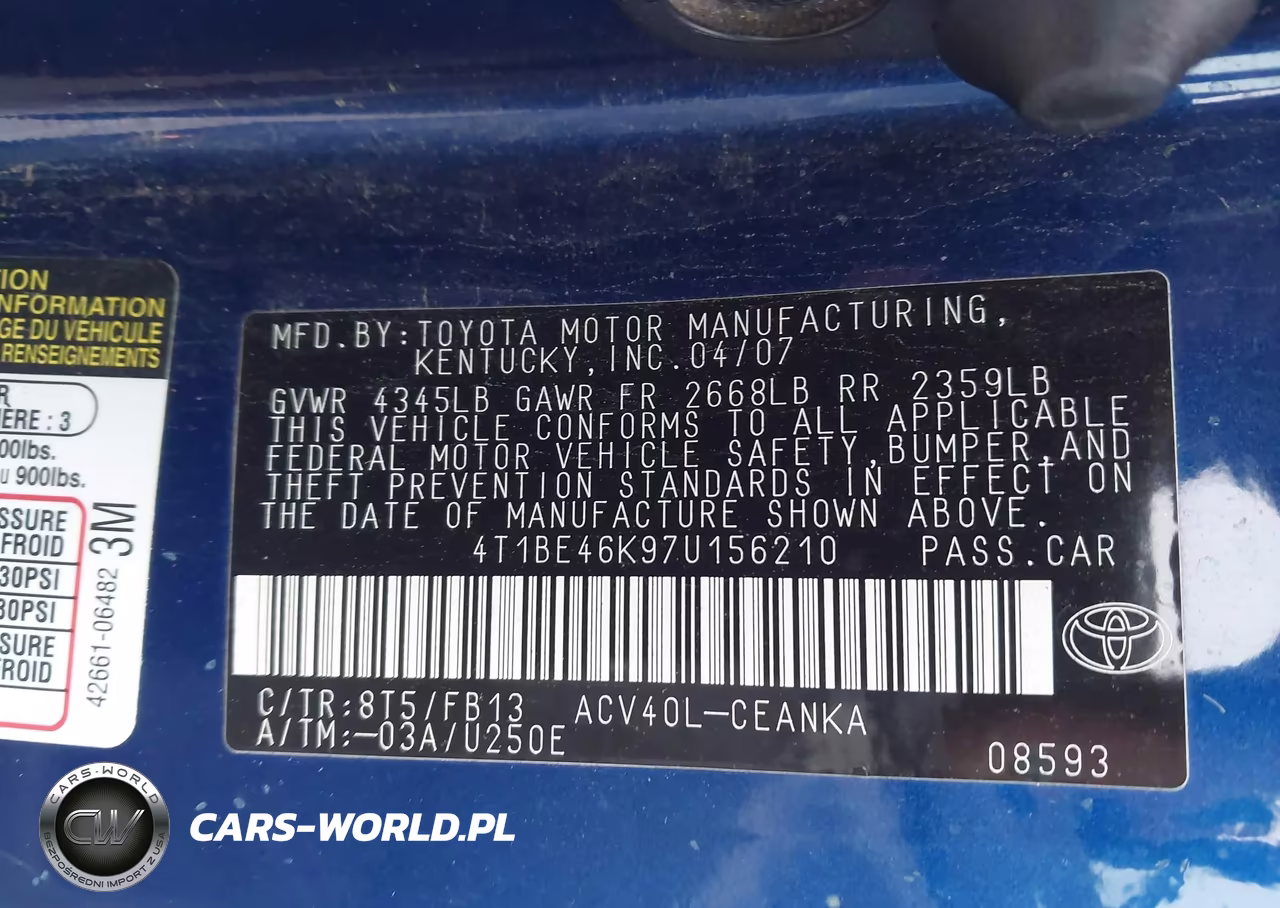 2007 Toyota Camry Le VIN:4T1BE46K97U156210 - 9