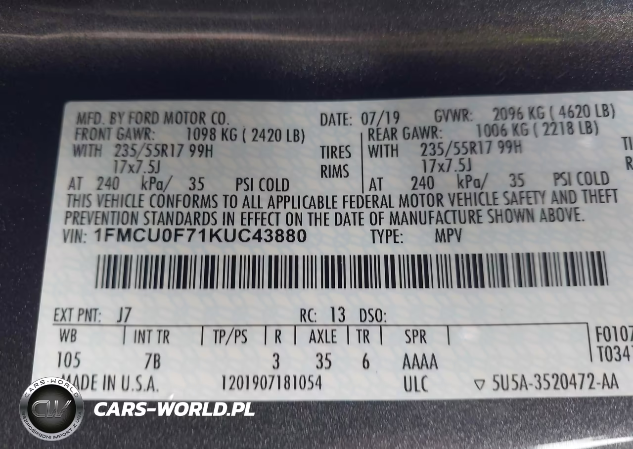 2019 Ford Escape S VIN:1FMCU0F71KUC43880 - 9