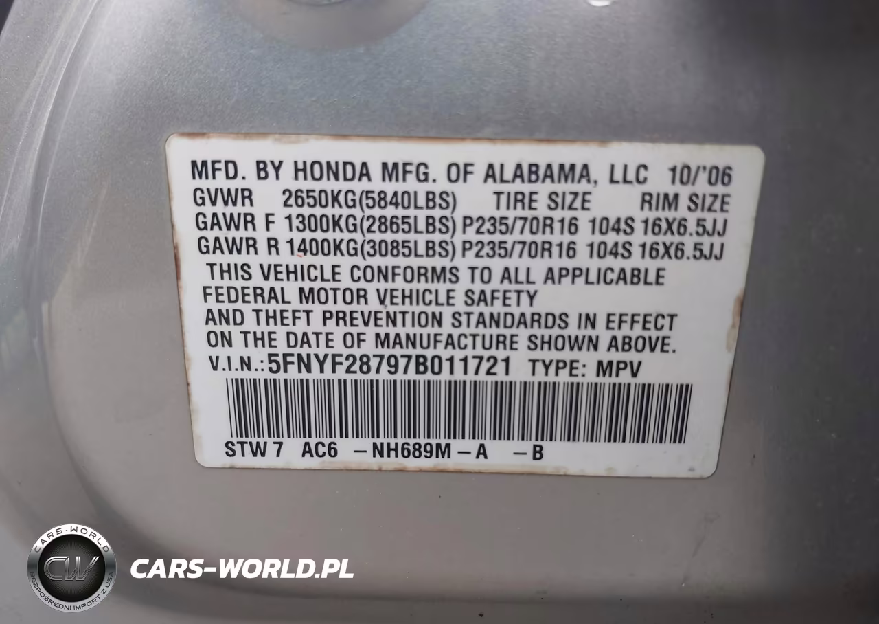 2007 Honda Pilot Ex-L VIN:5FNYF28797B011721 - 9