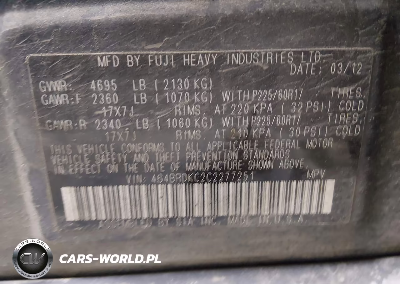 2012 Subaru Outback 3.6R Limited VIN:4S4BRDKC2C2277251 - 9