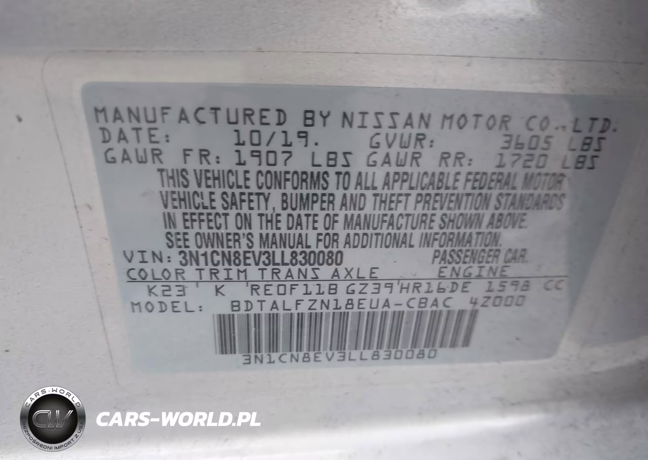 2020 Nissan Versa Sv Xtronic Cvt VIN:3N1CN8EV3LL830080 - 9