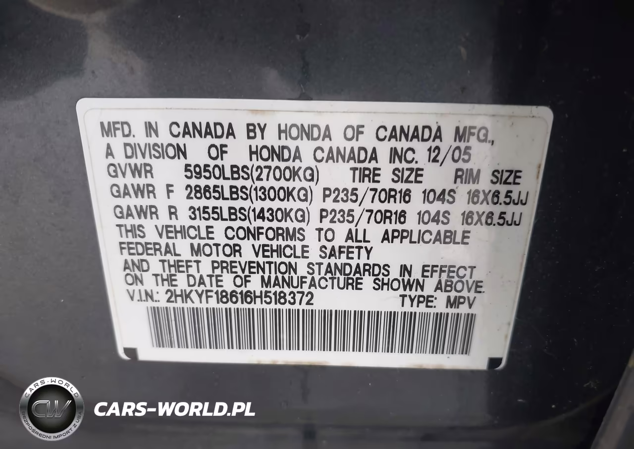 2006 Honda Pilot Ex-L VIN:2HKYF18616H518372 - 9