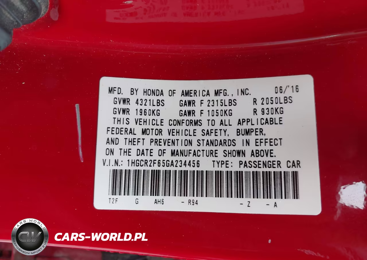 2016 Honda Accord Sport VIN:1HGCR2F65GA234456 - 9