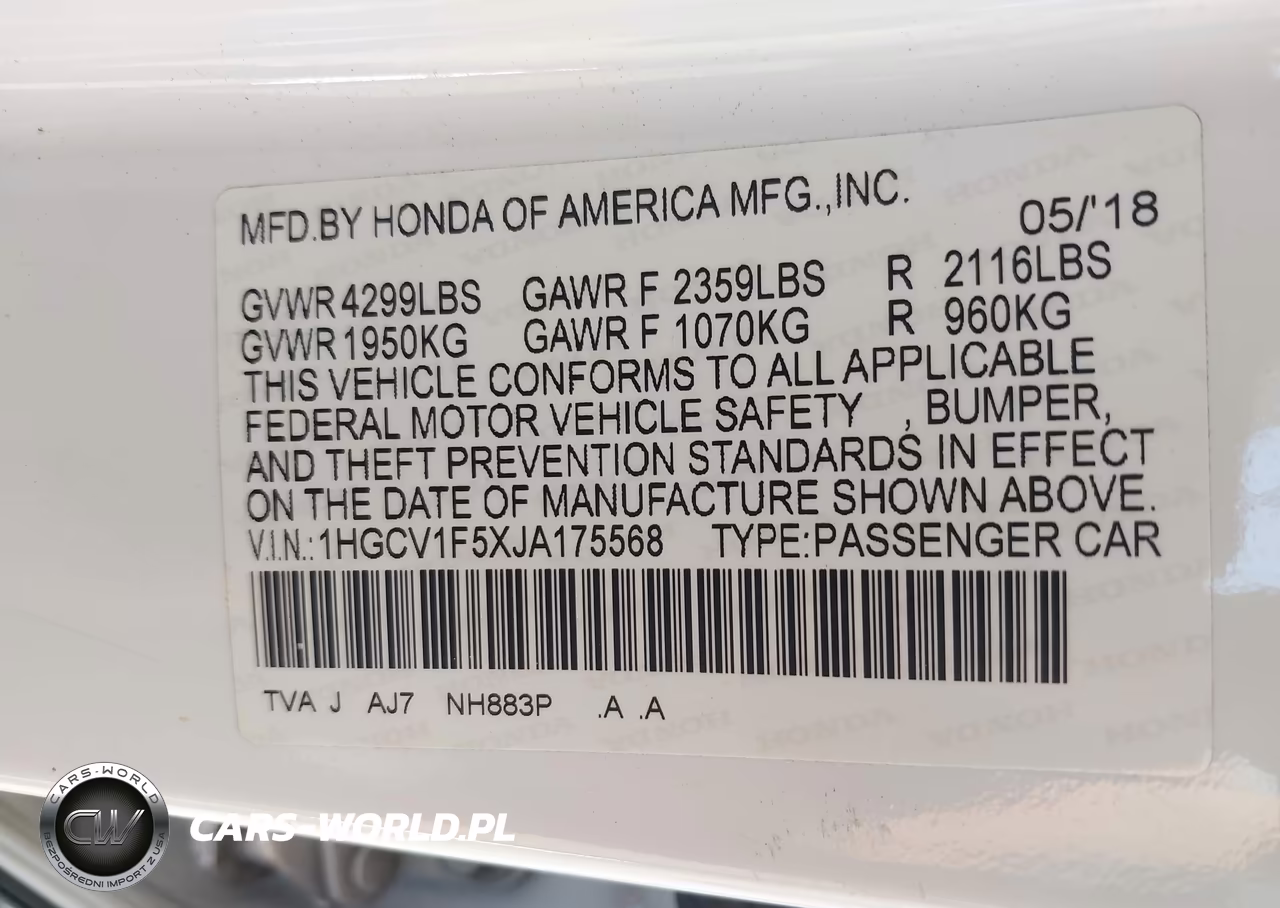 2018 Honda Accord Ex-L VIN:1HGCV1F5XJA175568 - 9