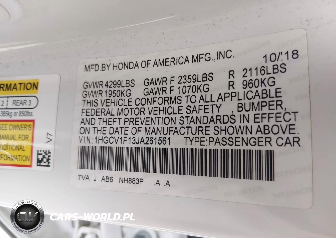 2018 Honda Accord Lx VIN:1HGCV1F13JA261561 - 9