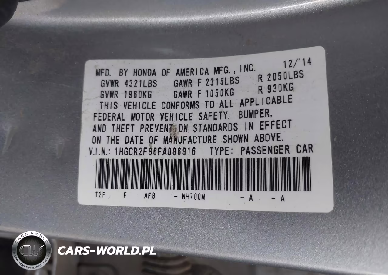 2015 Honda Accord Ex-L VIN:1HGCR2F86FA086916 - 9
