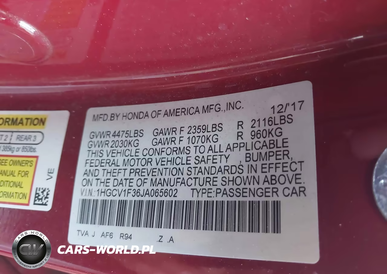 2018 Honda Accord Sport VIN:1HGCV1F36JA065602 - 9
