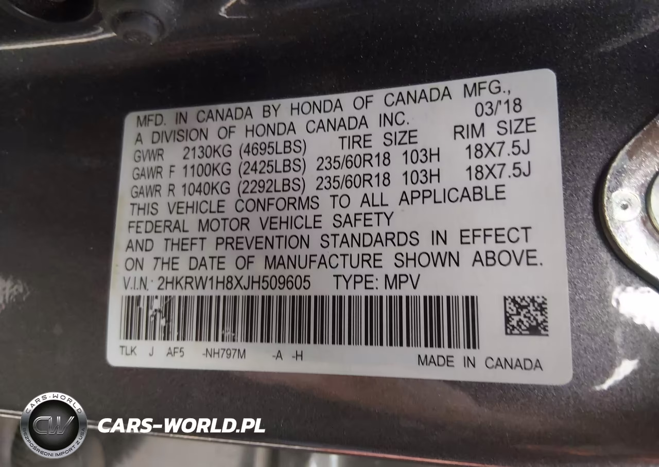 2018 Honda Cr-V Ex-L-Ex-L Navi VIN:2HKRW1H8XJH509605 - 9