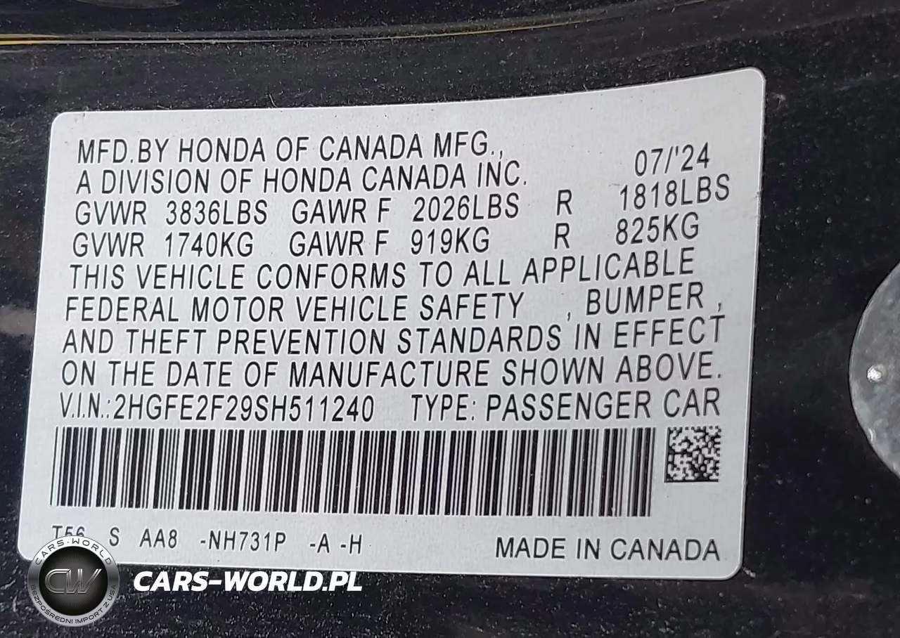 2025 Honda Civic Lx VIN:2HGFE2F29SH511240 - 9