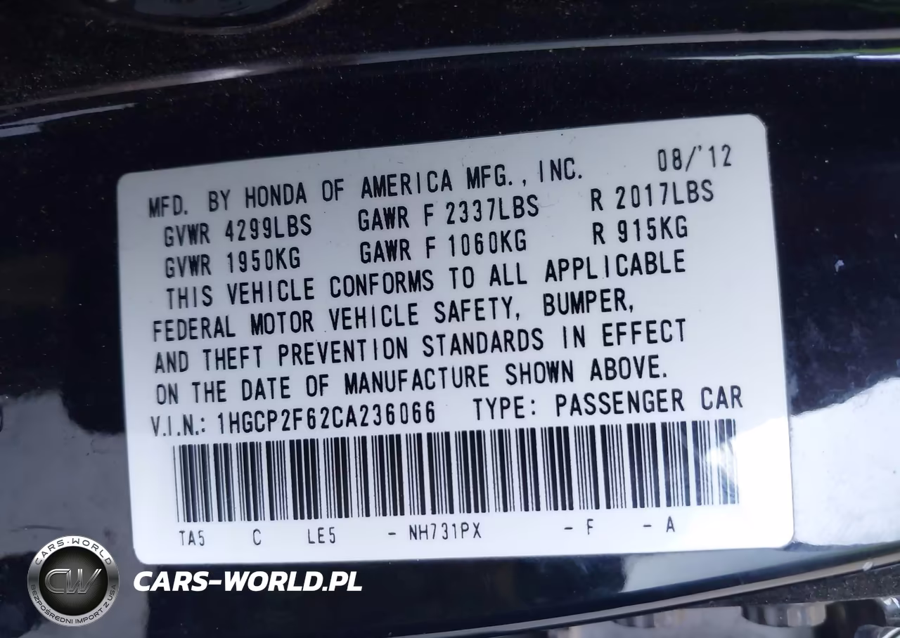 2012 Honda Accord 2.4 Se VIN:1HGCP2F62CA236066 - 9