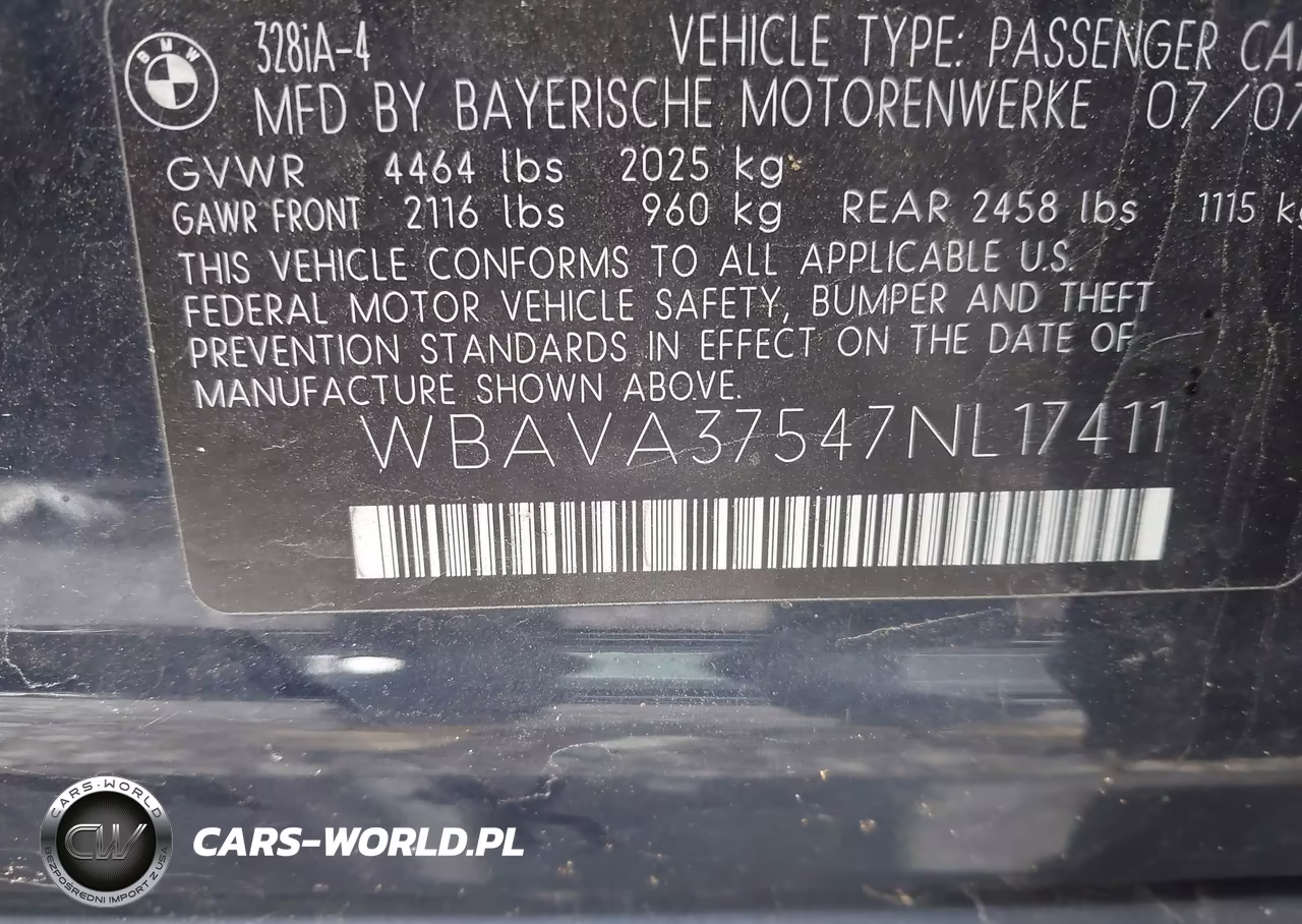 2007 BMW 328I VIN:WBAVA37547NL17411 - 9