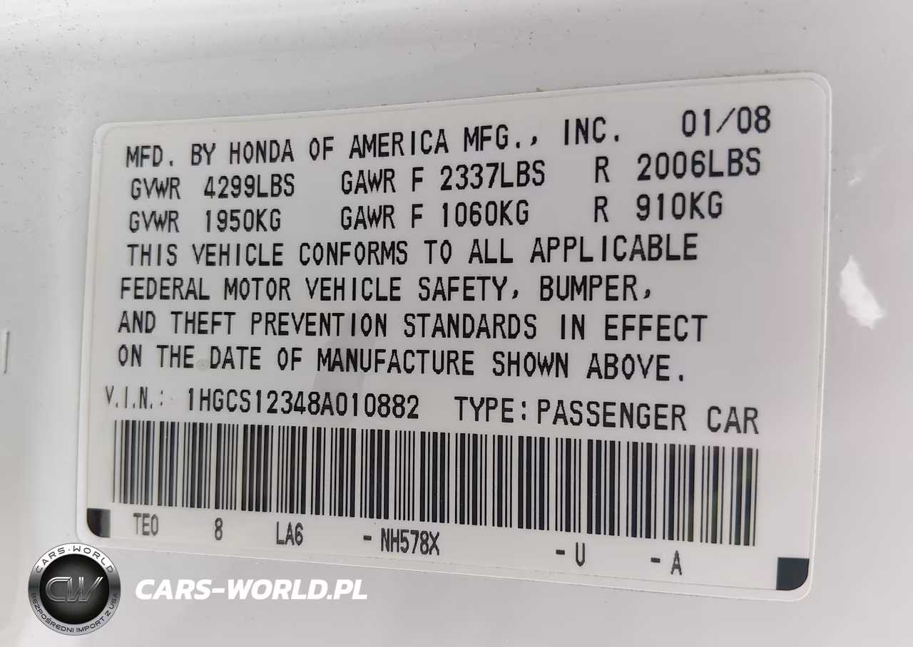 2008 Honda Accord 2.4 Lx-S VIN:1HGCS12348A010882 - 9