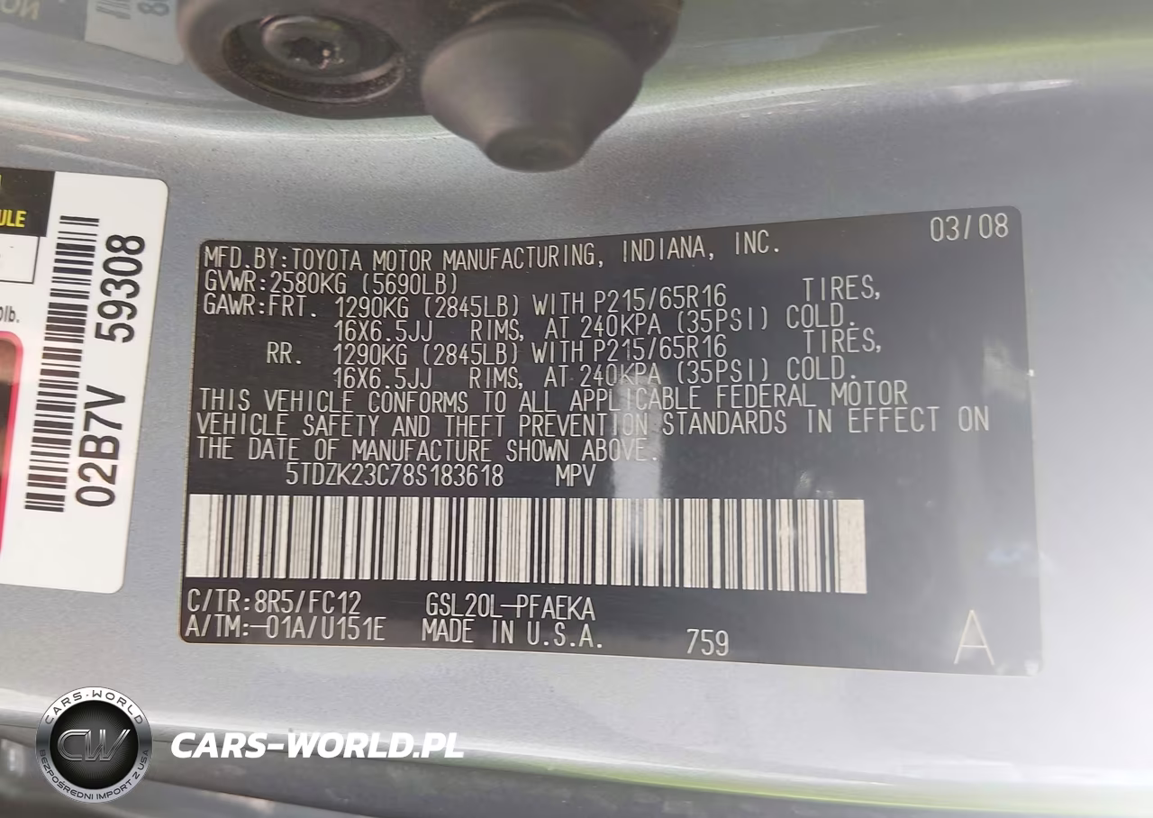 2008 Toyota Sienna Le VIN:5TDZK23C78S183618 - 9