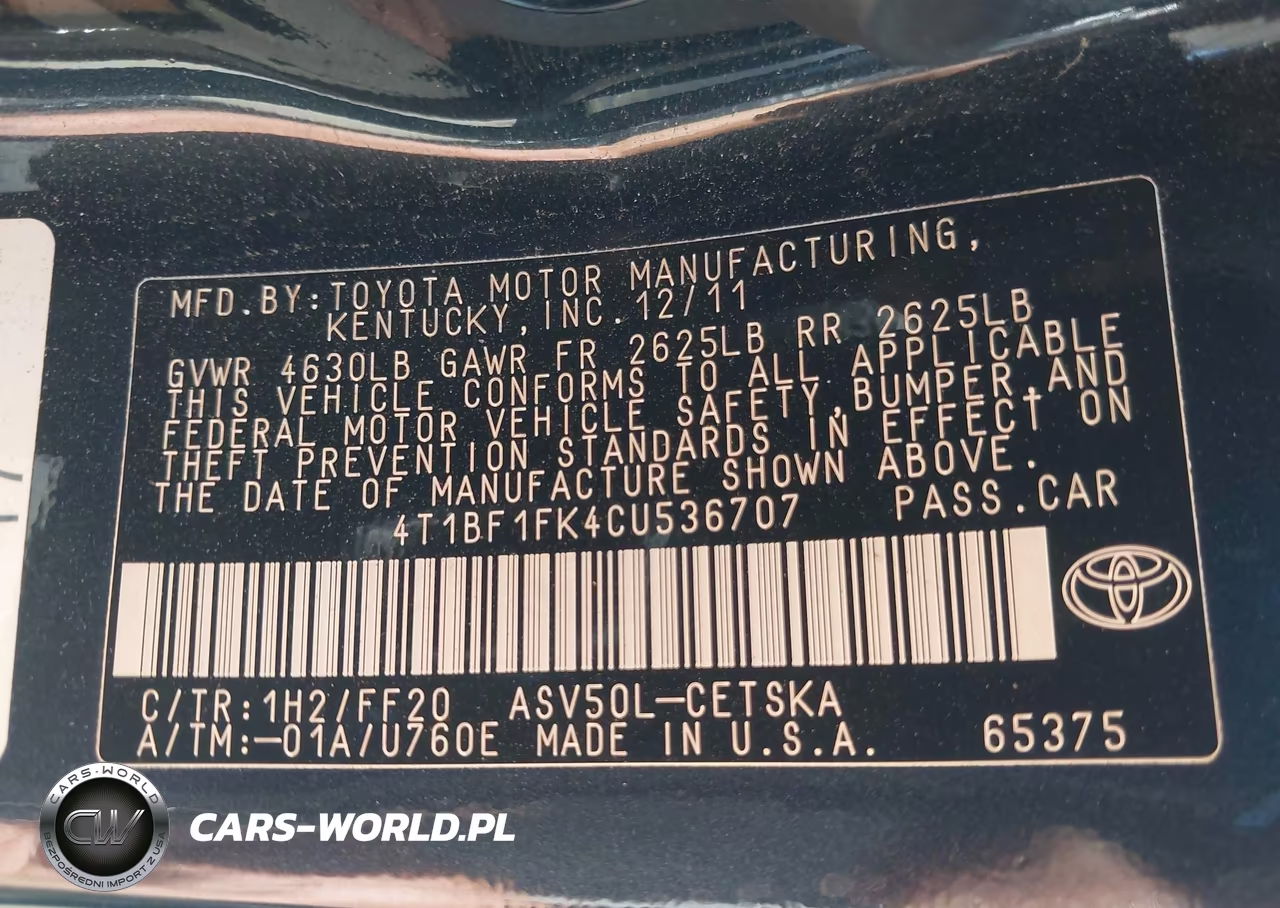 2012 Toyota Camry Se VIN:4T1BF1FK4CU536707 - 9