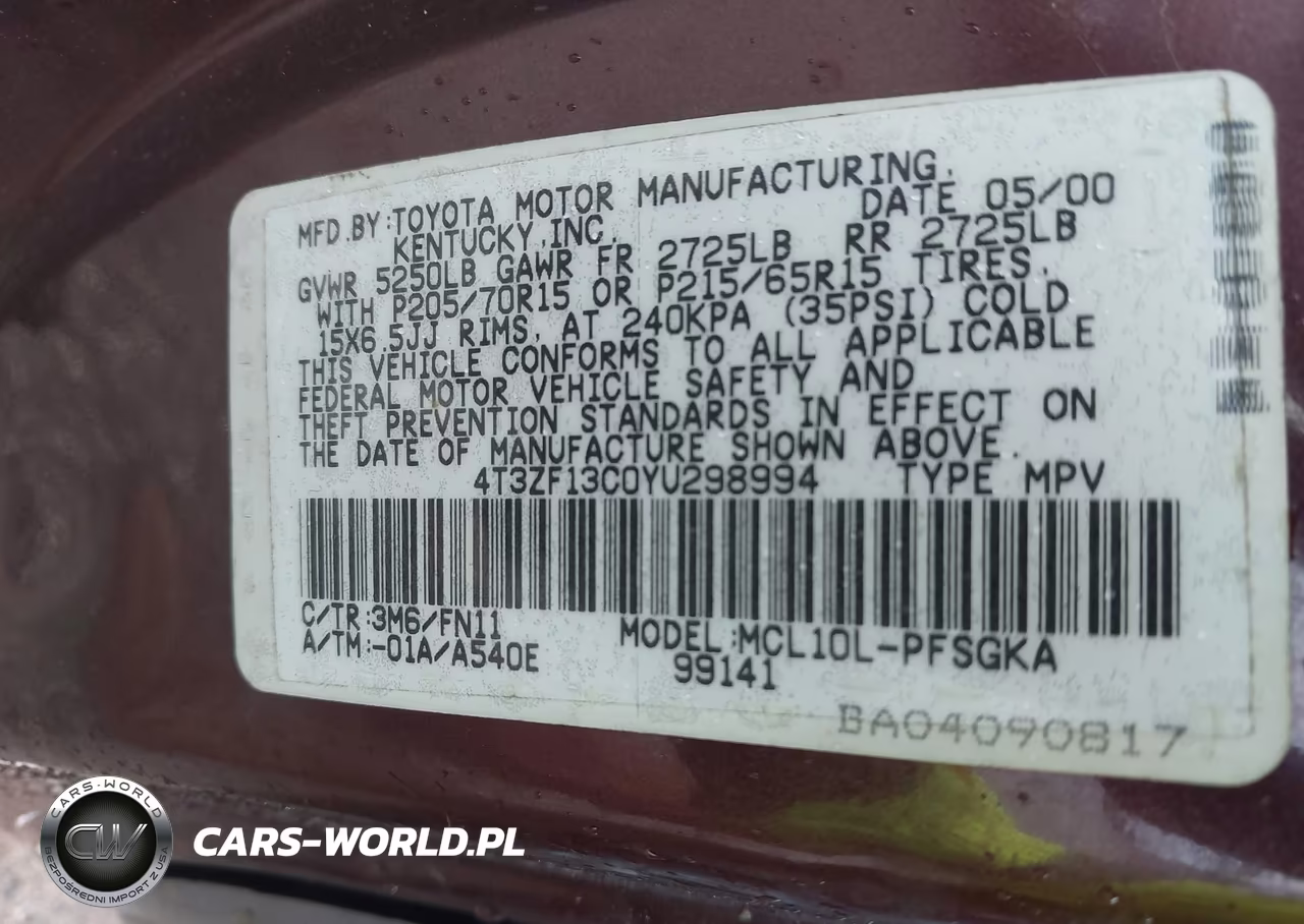 2000 Toyota Sienna Le VIN:4T3ZF13C0YU298994 - 9