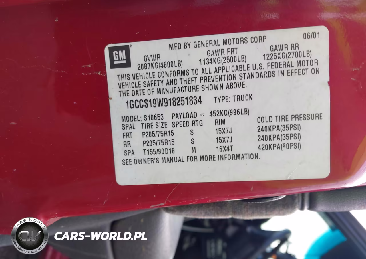 2001 Chevrolet S-10 Ls VIN:1GCCS19W918251834 - 9