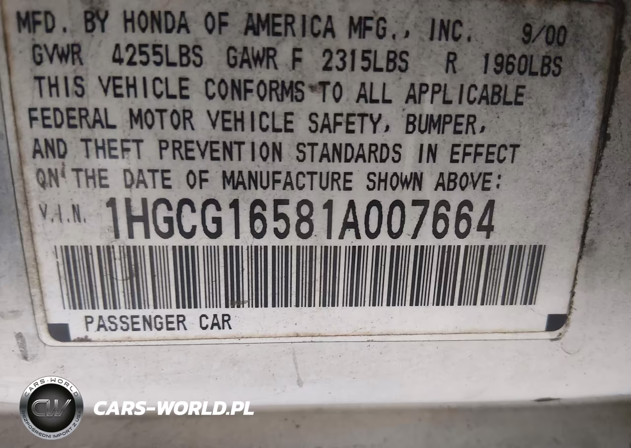 2001 Honda Accord 3.0 Ex VIN:1HGCG16581A007664 - 9