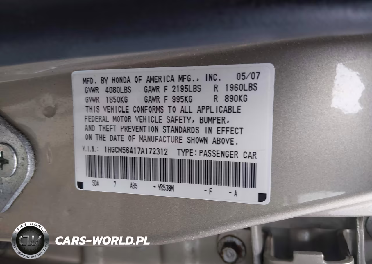 2007 Honda Accord 2.4 Lx VIN:1HGCM56417A172312 - 9