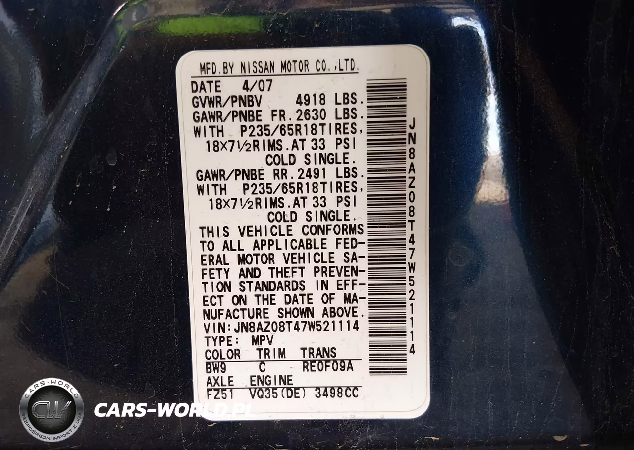 2007 Nissan Murano Sl VIN:JN8AZ08T47W521114 - 9
