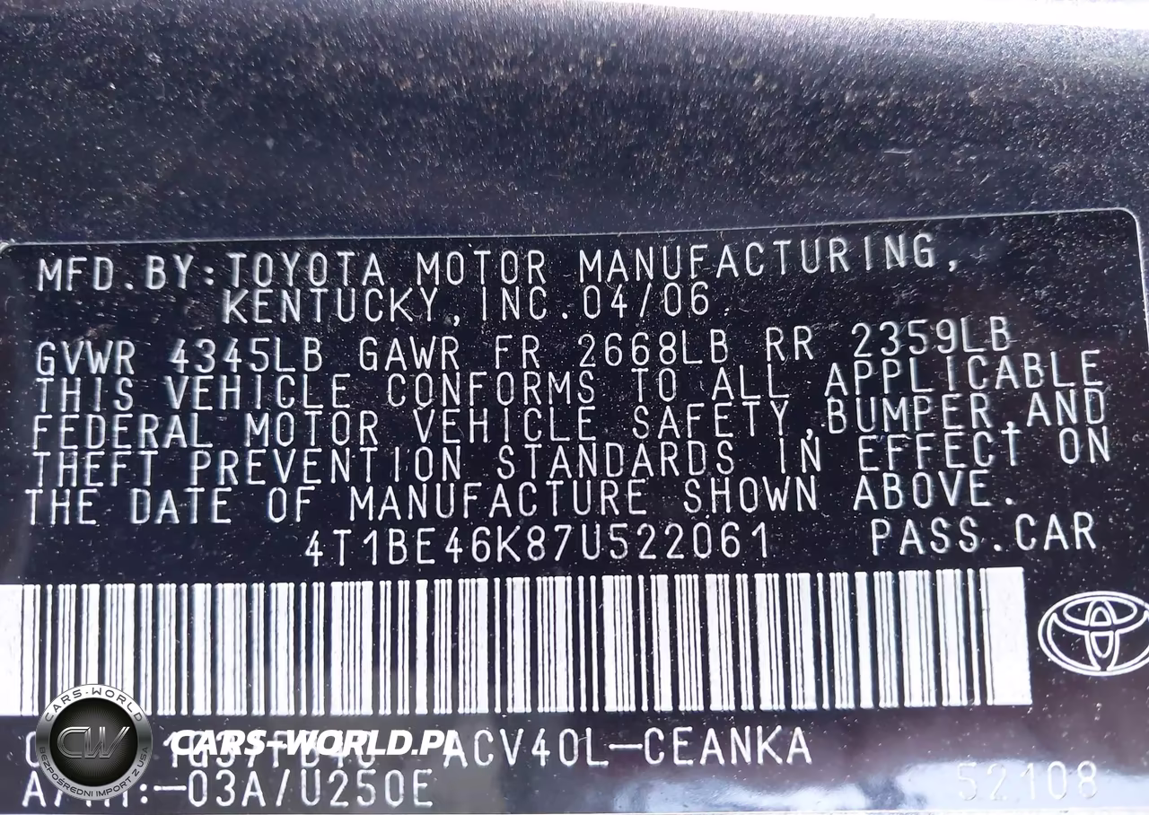 2007 Toyota Camry Le VIN:4T1BE46K87U522061 - 9