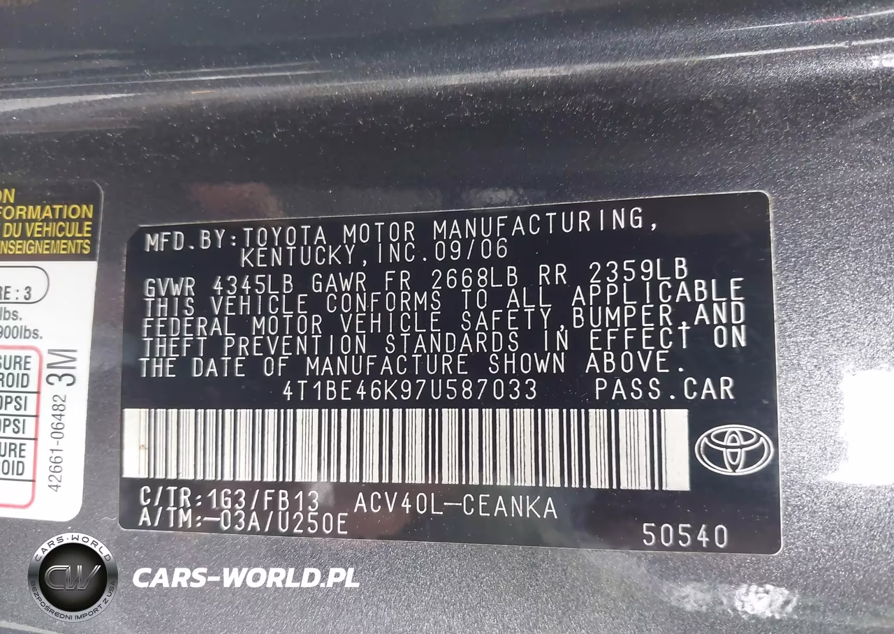 2007 Toyota Camry Le VIN:4T1BE46K97U587033 - 9
