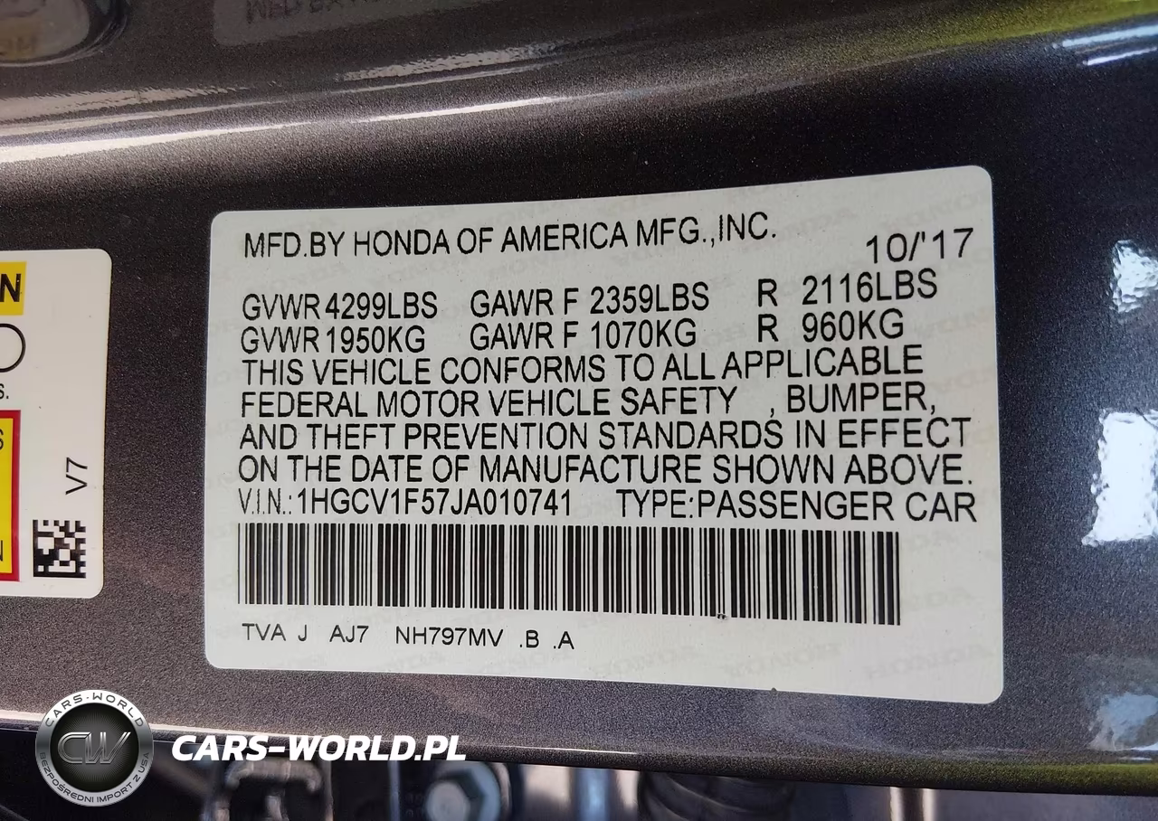 2018 Honda Accord Ex-L VIN:1HGCV1F57JA010741 - 9