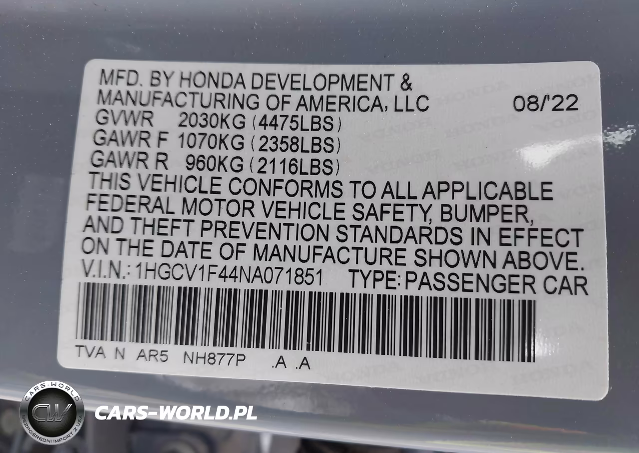 2022 Honda Accord Sport Se VIN:1HGCV1F44NA071851 - 9