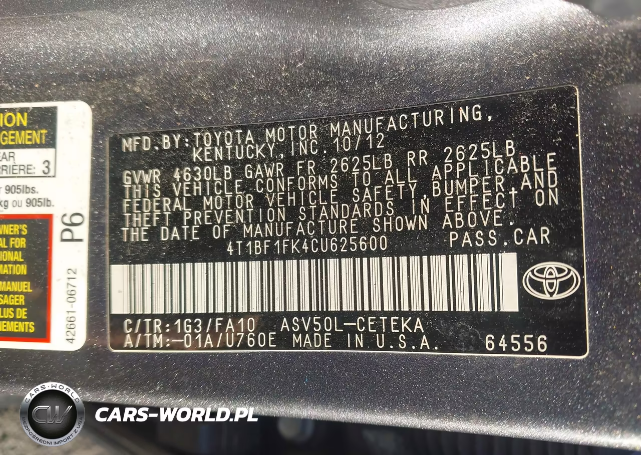 2012 Toyota Camry L VIN:4T1BF1FK4CU625600 - 9