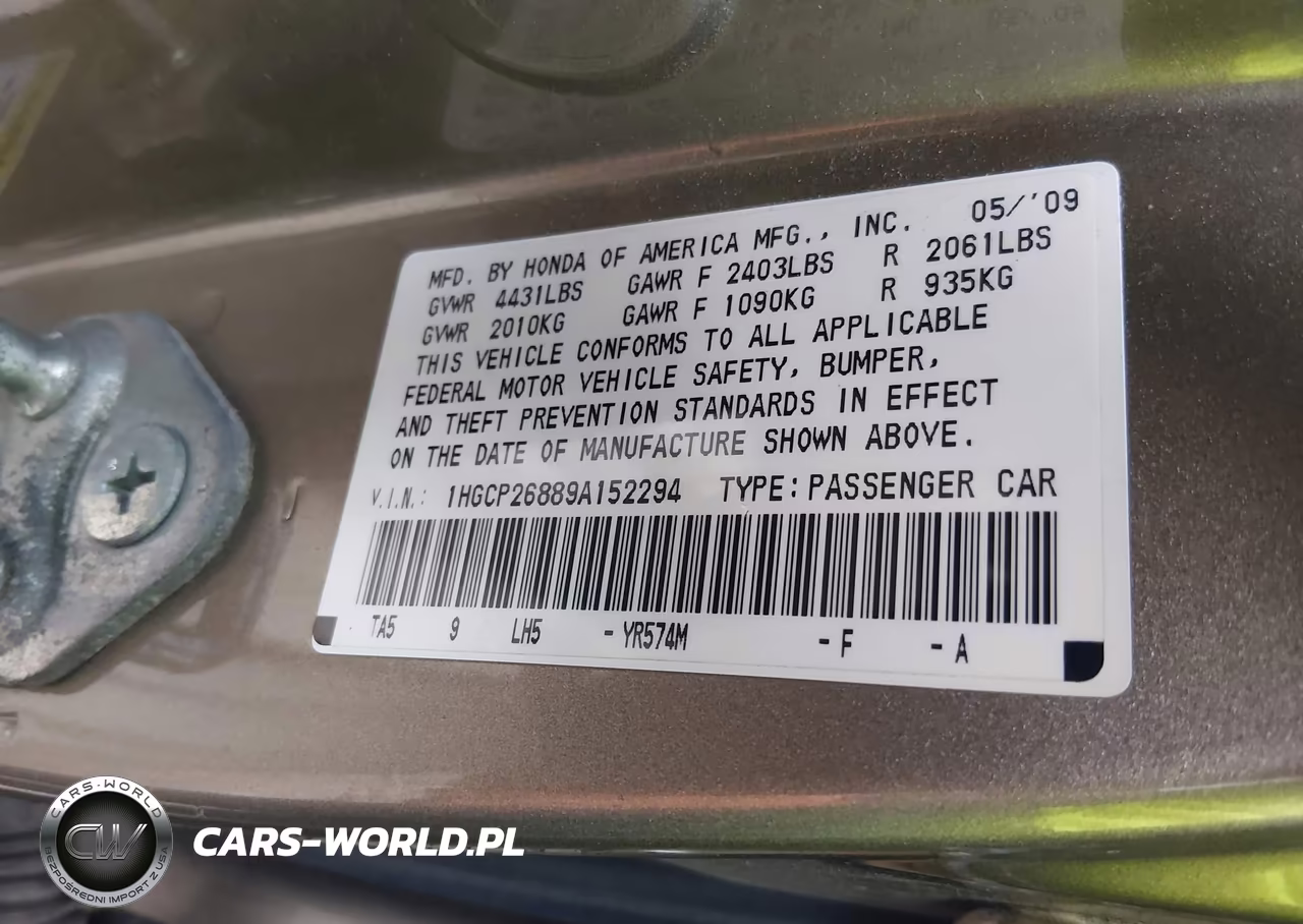 2009 Honda Accord 2.4 Ex-L VIN:1HGCP26889A152294 - 9