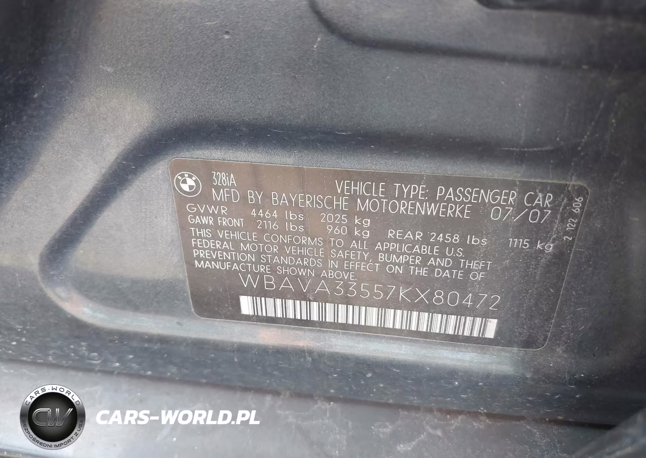 2007 BMW 328I VIN:WBAVA33557KX80472 - 9