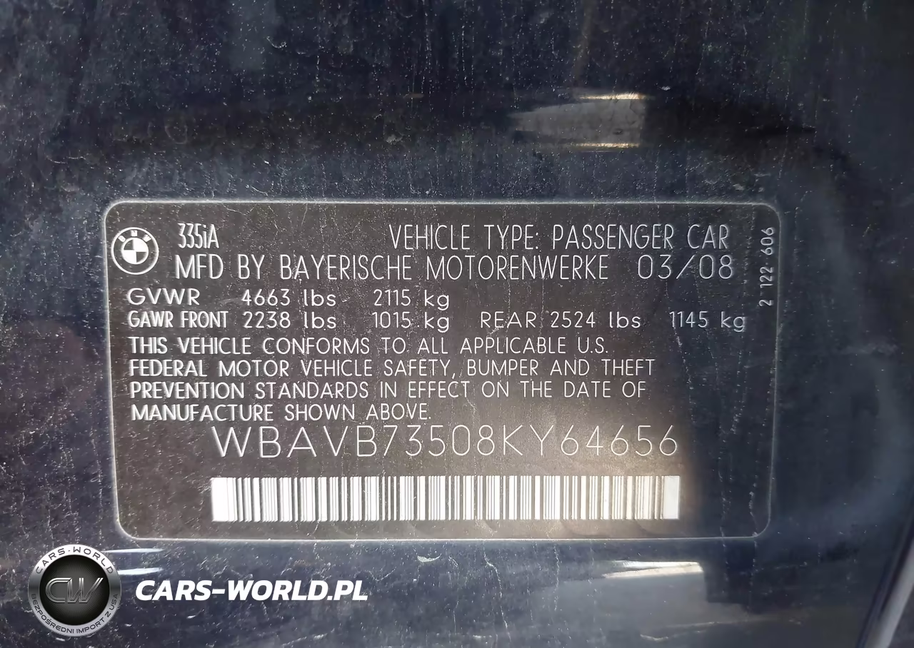 2008 BMW 335I VIN:WBAVB73508KY64656 - 9