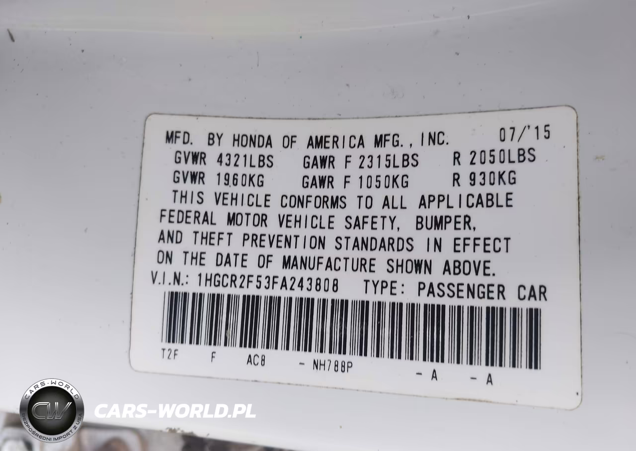 2015 Honda Accord Sport VIN:1HGCR2F53FA243808 - 9
