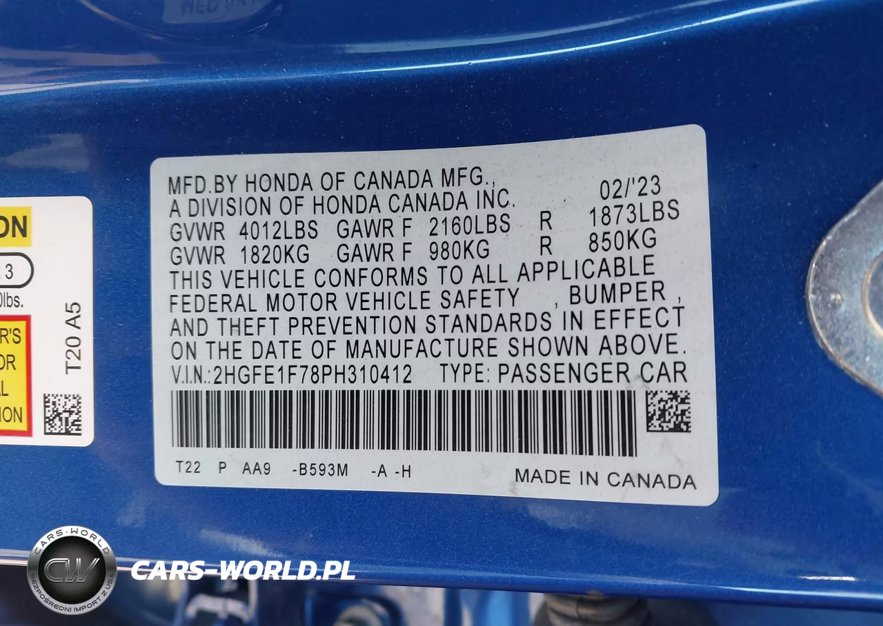 2023 Honda Civic VIN:2HGFE1F78PH310412 - 9