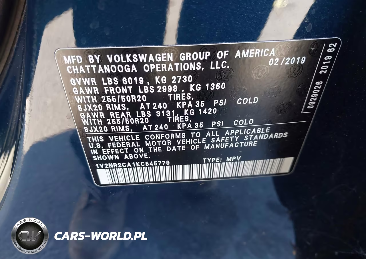 2019 Volkswagen Atlas 3.6L V6 Sel Premium VIN:1V2NR2CA1KC545779 - 9