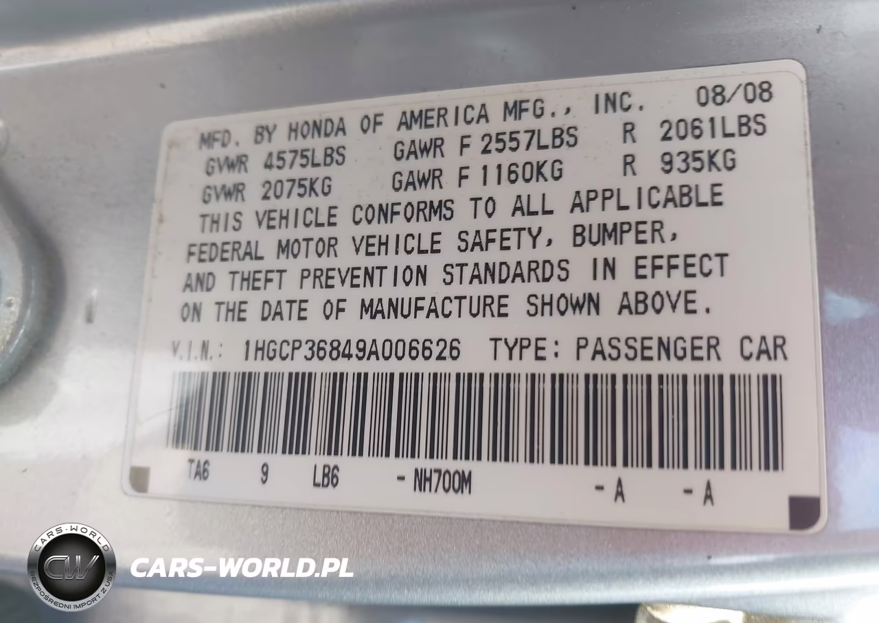 2009 Honda Accord Exl VIN:1HGCP36849A006626 - 9