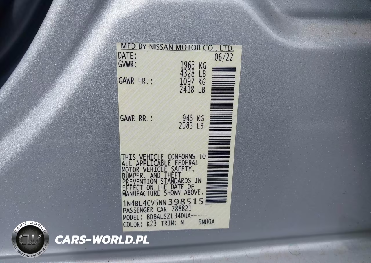 2022 Nissan Altima Sr Fwd VIN:1N4BL4CV5NN398515 - 9
